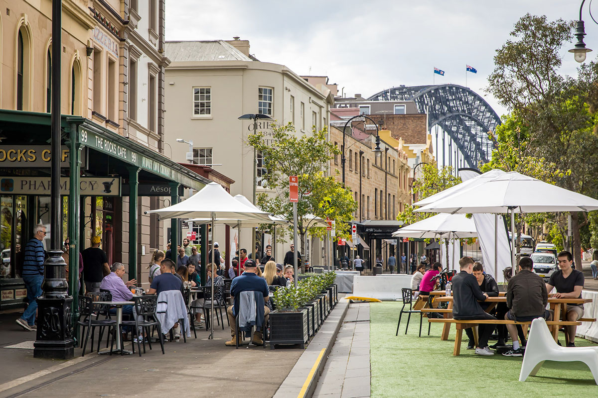 Patrons enjoying an afternoon dining outside at The Rocks, Sydney. Credit: Anna Kucera