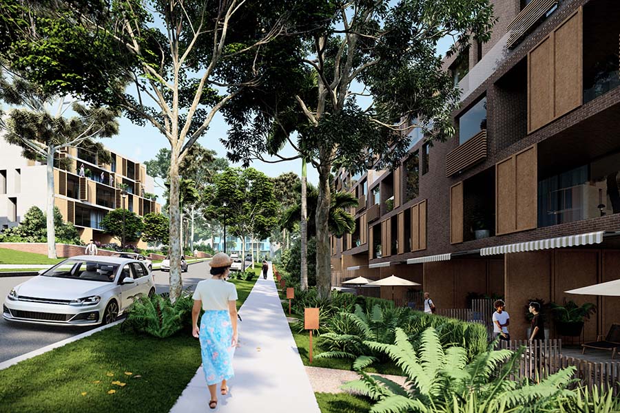 Artist impression of a typical streetscape within the green village growth area in Cherrybrook Precinct.