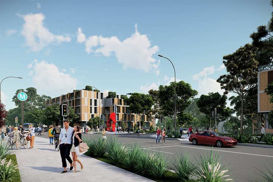 Artist impression of a typical streetscape within the green village growth area in Cherrybrook Precinct.