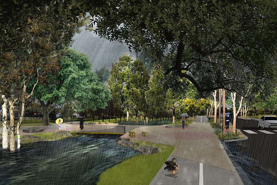 Artist impression of how increased tree canopy cover in open space results in improved water quality as part of the Rosemeadow demonstration project.