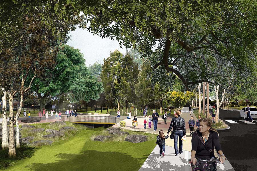 Artist impression of how trees can provide improved environments and enhance liveability as part of the Rosemeadow demonstration project.
