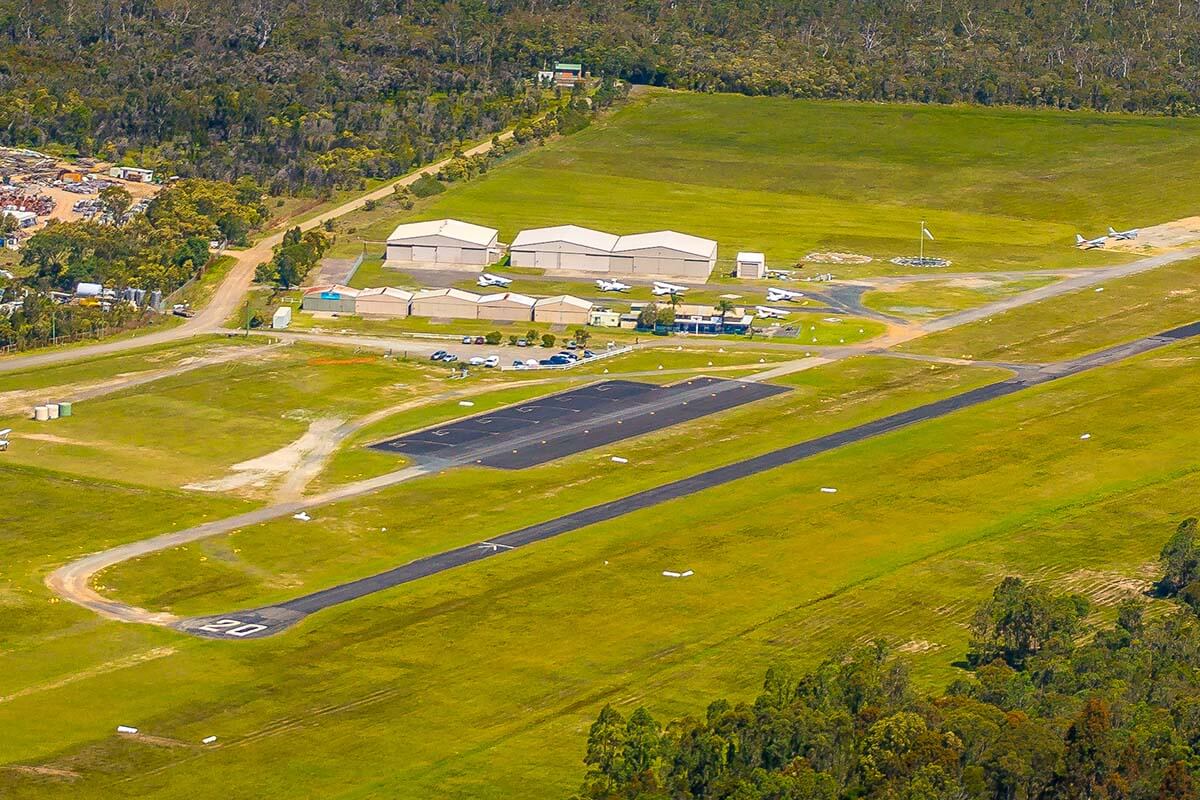 Aerial view looking down at Warnervale Airport, approximately 90 minutes' drive north of Sydney and 45 minutes south of Newcastle.