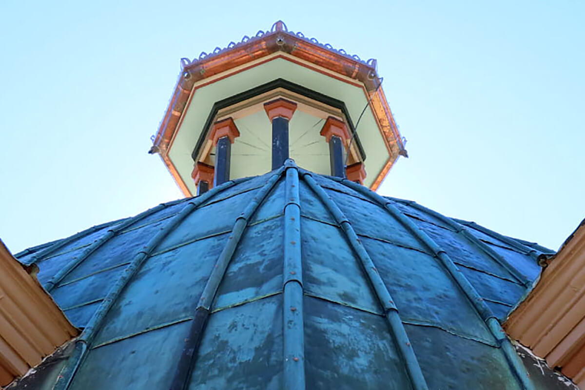 Heritage building ornate structure and roof details.